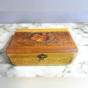 Vintage Mid 20th Century Hand Carved Wooden Jewelry Box With Flower Decoration